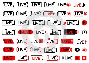 Live broadcating icon. Set of live streaming icons. Black and red symbols for streaming, record, online stream, show. Set of