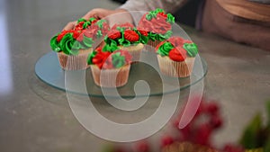 Live camera zoom in to tray with delicious pastry as female hand placing cupcakes with red and green icing topping