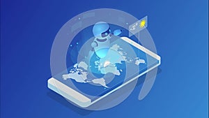 Live chatbot tells the weather forecast. Isometric Online weather forecast widget mobile application program. HD Video.