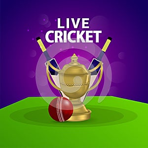 Live cricket match background with gold trophy and bat