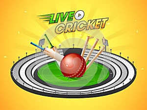 Live Cricket match banner or poster design with cricket equipments.