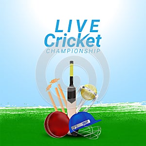 Live cricket tournament match with creative cricket equipment on creative background