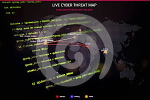 Live cyber threat map with real-time global attack data, highlighted malware, phishing, and exploit routes, overlaid with