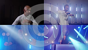 Live DJ performance of energetic bald man with headphones, dancing on party concert musician stage