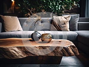 Live edge wooden coffee table against textile sofa close up. Interior design of modern living room