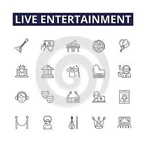 Live entertainment line vector icons and signs. Music, Performance, Dance, Comedy, Concert, Theatre, Band, Act outline