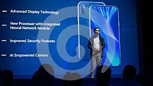 Live Event with New Products Reveal: Keynote Speaker Presents Smartphone Device to Audience. Movie