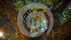 A live feed camera perched high above a city park, zooming in on a rare urban owl nest atop an ancient oak, offering a