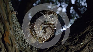 A live feed camera perched high above a city park, zooming in on a rare urban owl nest atop an ancient oak, offering a