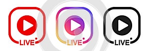 Live icon for social media, play button, live stories video streaming, instagram style streaming sign, online blog banner