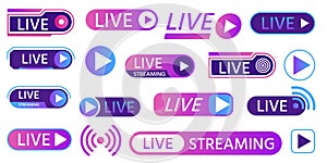 Live icons for game streaming, tv broadcasting, show or news on air. Buttons and bars for social media, online living