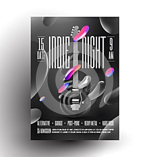 Live indie music night party or concert or rock music festival poster or flyer design template with electric guitar and black and