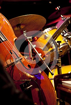 Live jazz-instrument set up on a stage photo
