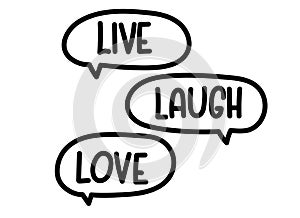 Live laugh love inscription. Handwritten lettering illustration. Black vector text in speech bubble.Simple outline style