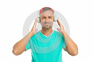 Live life loud. Handsome guy wear headset isolated on white. Mature man listen to music in headset. Stereo headset