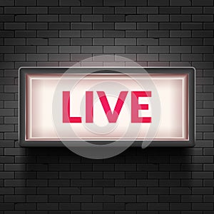 Live light broadcast sign. Tv radio studio live red box on air show icon