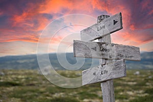 live love life text engraved in wooden signpost outdoors in nature during sunset