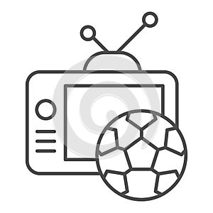 Live match broadcast thin line icon. Tv monitor with football or soccer ball symbol, outline style pictogram on white