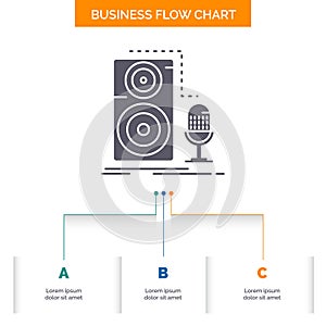 Live, mic, microphone, record, sound Business Flow Chart Design with 3 Steps. Glyph Icon For Presentation Background Template