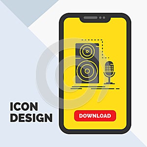 Live, mic, microphone, record, sound Glyph Icon in Mobile for Download Page. Yellow Background