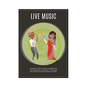 Live music band playing jazz with female black singer and saxsophonist cartoon vector illustration.