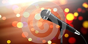 Live music concert concept. Microphone on stand on bokeh background, banner, copy space. 3d illustration