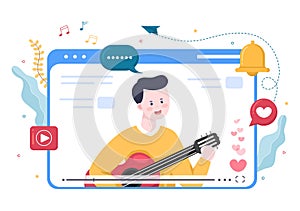 Live Music Content Creator Background Musician is Playing Guitar, Singing Through Camera in Living Room Flat Design Vector