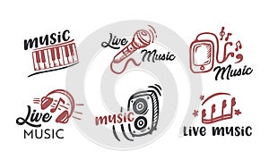 Live Music Lettering Isolated on White Background, Black Text Font Typography with Brown Design Elements Headphones