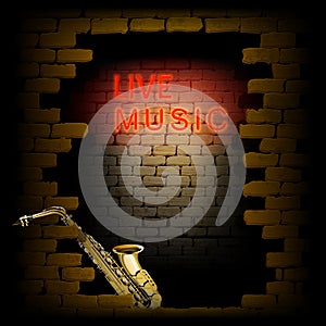 Live music neon light in the doorway of brick wall saxophone