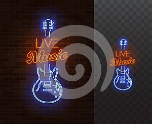 Live Music Neon Sign. Guitar with caption. Realistic vector illustration.