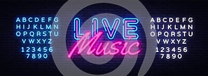 Live Music neon sign vector. Live Music Design template neon sign, light banner, neon signboard, nightly bright