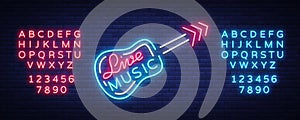 Live music neon sign vector, poster, emblem for live music festival, music bars, karaoke, night clubs. Template for