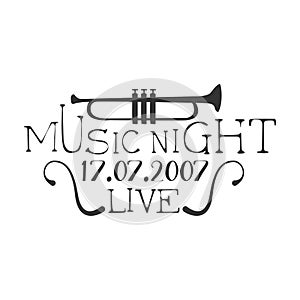 Live Music Night Concert Black And White Poster With Calligraphic Text And Trumpet