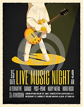 Live Music Night Party Poster with hand holding electric guitar. Poster Flyer template for your event. Vintage styled vector