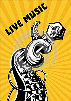 Live music. Octopus tentacles with microphone. Musical poster background for hip-hop party. Tattoo style vector