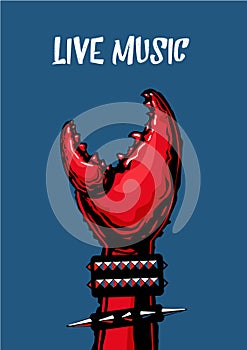 Live music poster with crab claw. Heavy metal. Tattoo style.