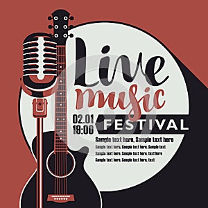 Live music poster with guitar and microphone