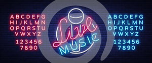 Live musical neon sign, logo, emblem, symbol poster with microphone. Vector illustration. Neon bright sign, Nightlife