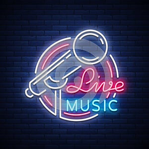 Live musical vector neon logo, sign, emblem, symbol poster with microphone. Bright banner poster, neon bright sign