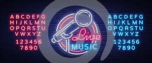 Live musical vector neon logo, sign, emblem, symbol poster with microphone. Bright banner poster, neon bright sign