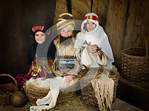 Live nativity scene with wisemen