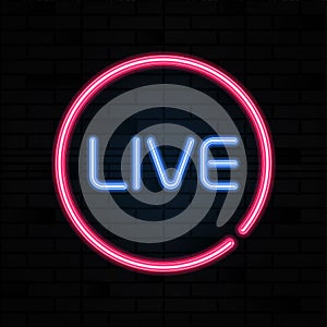 Live neon sign vector. Stream design template, light banner signboard, nightly bright advertising. Vector illustration