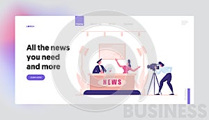 Live News in Broadcasting Production Studio Landing Page Template. Mass Media Television with Presenter Characters