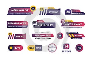 Live news logo set. Video broadcasting and streaming TV channel, movies, videos in HD icon