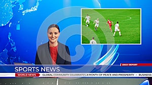 Live News Studio with Female Anchor Reporting Sports News on Soccer Game Score, Story Show Highlig