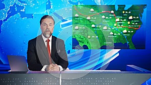Live News Studio Professional Anchor Reporting on Weather Forecast. Weatherman, Meteorologist, Rep