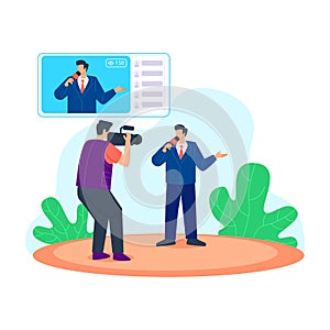 Live news telecast vector illustration concept, Male presenter interviewing man in television live news show video camera shooting