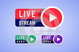 Live news, video and stream icons, labels, signs.