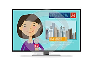 Live news. Young woman, newscaster with microphone in hand. TV, television concept. Cartoon vector illustration photo