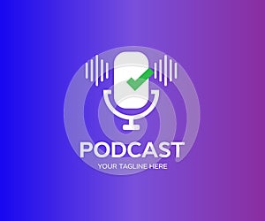 Live online Podcast, Microphone with waveform logo design. Podcast or Radio vector design and illustration.